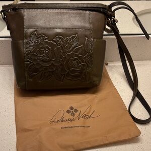 Patricia Nash Greenish Brown Floral shoulder bag lean inside